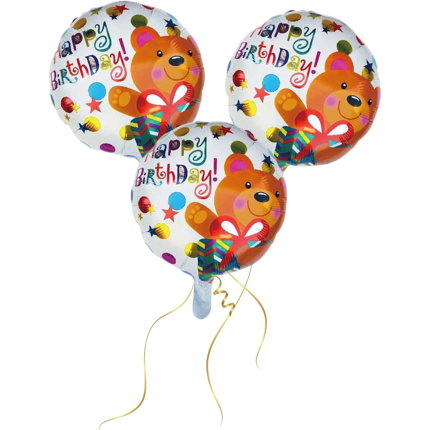 Balon din Folie Metalizata, Mini Figurina Rotunda, Model Happy Birthday Ursulet, Tema Aniversare, 45 cm, Ambalaj Individual, Pai inclus, Umflare cu Aer sau Heliu, Maro [2]