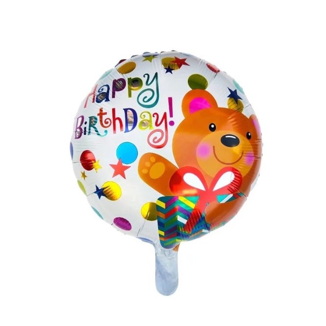 Figurine si Baloane 3D - Balon din Folie Metalizata, Mini Figurina Rotunda, Model Happy Birthday Ursulet, Tema Aniversare, 45 cm, Ambalaj Individual, Pai inclus, Umflare cu Aer sau Heliu, Maro
