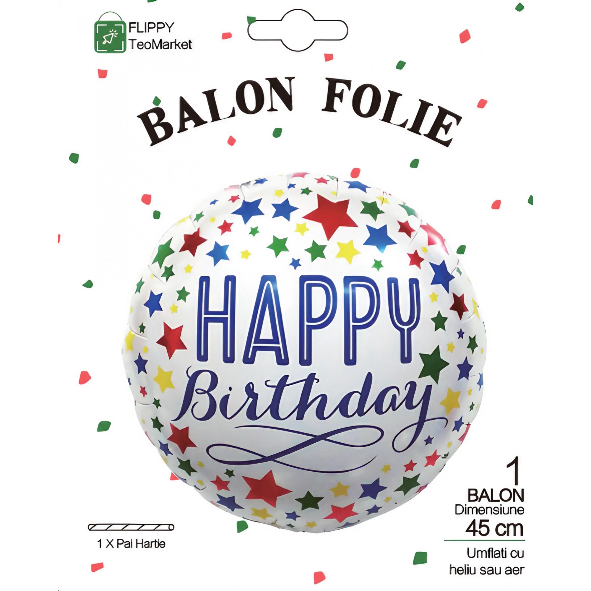 Balon din Folie Metalizata, Mini Figurina Rotunda, Model Happy Birthday, Tema Aniversare, 45 cm, Ambalaj Individual, Pai inclus, Umflare cu Aer sau Heliu, Multicolor [2]