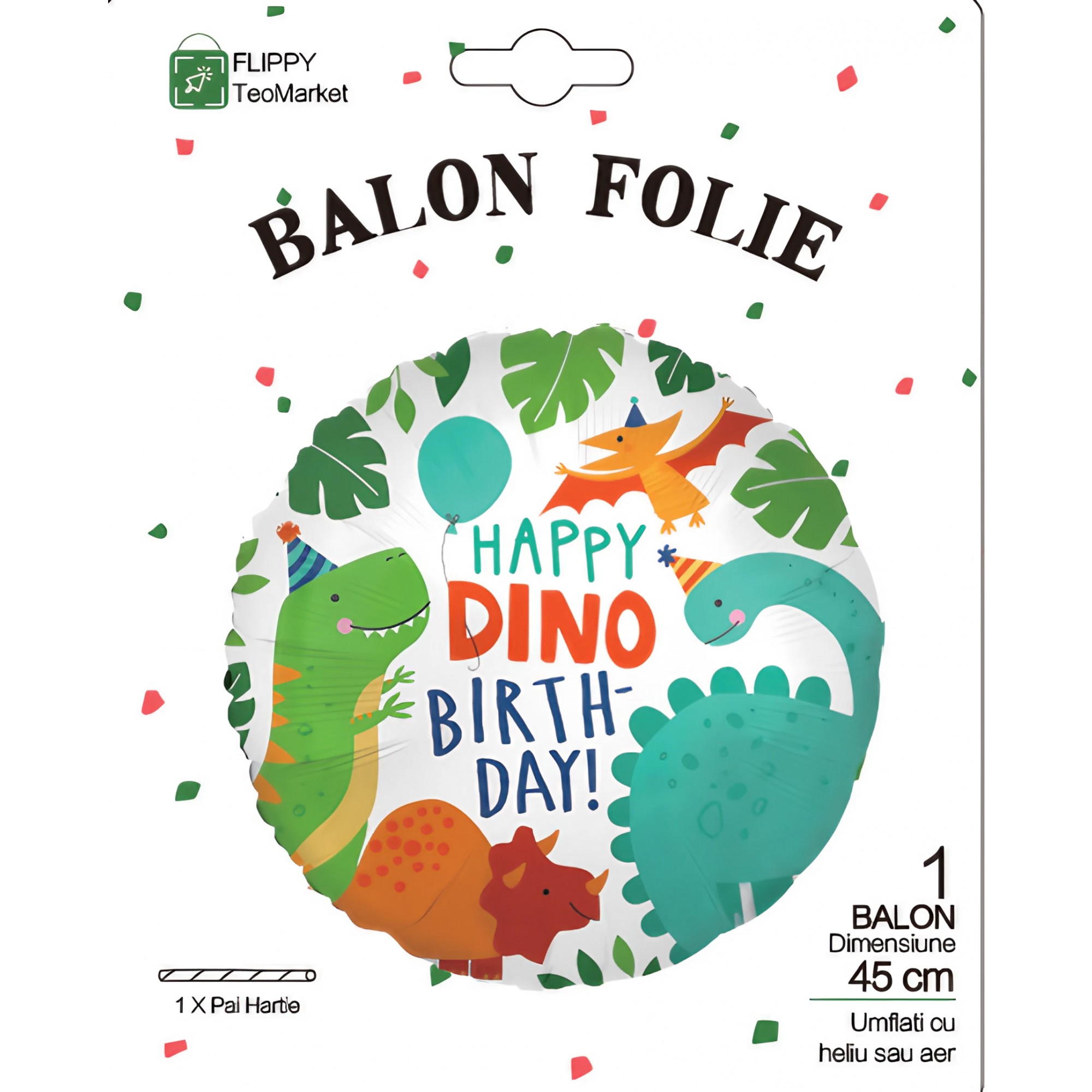 Balon din Folie Metalizata, Mini Figurina Rotunda, Model Happy Birthday cu Dinozauri, Tema Aniversare, 45 cm, Ambalaj Individual, Pai inclus, Umflare cu Aer sau Heliu, Multicolor [2]