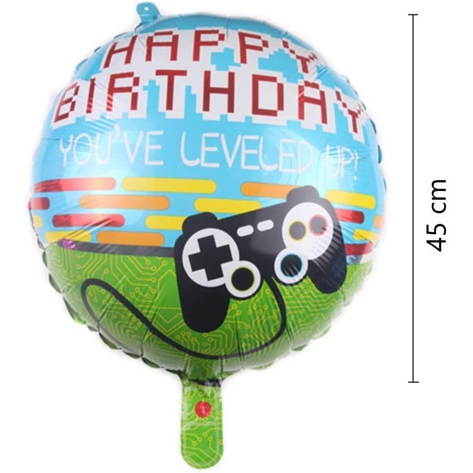 Balon din Folie Metalizata, Mini Figurina Rotunda, Model Happy Birthday Gamer, Tema Aniversare, 45 cm, Ambalaj Individual, Pai inclus, Umflare cu Aer sau Heliu, Albastru [2]