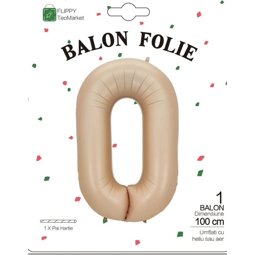 Balon din Folie Metalizata, Model Cifra 0, 100 cm, Ambalaj Individual, Pai Inclus, Crem [4]