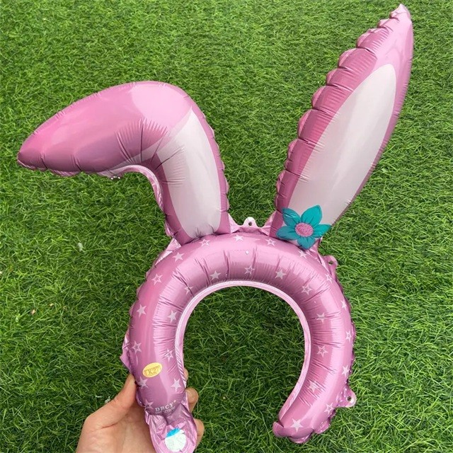 Balon din Folie Metalizata, Tip Coronita cu Urechi, Model Iepure, Ambalaj Individual, Pai Inclus, Umflare cu Aer sau Heliu, 38 x 45 cm, Roz [2]