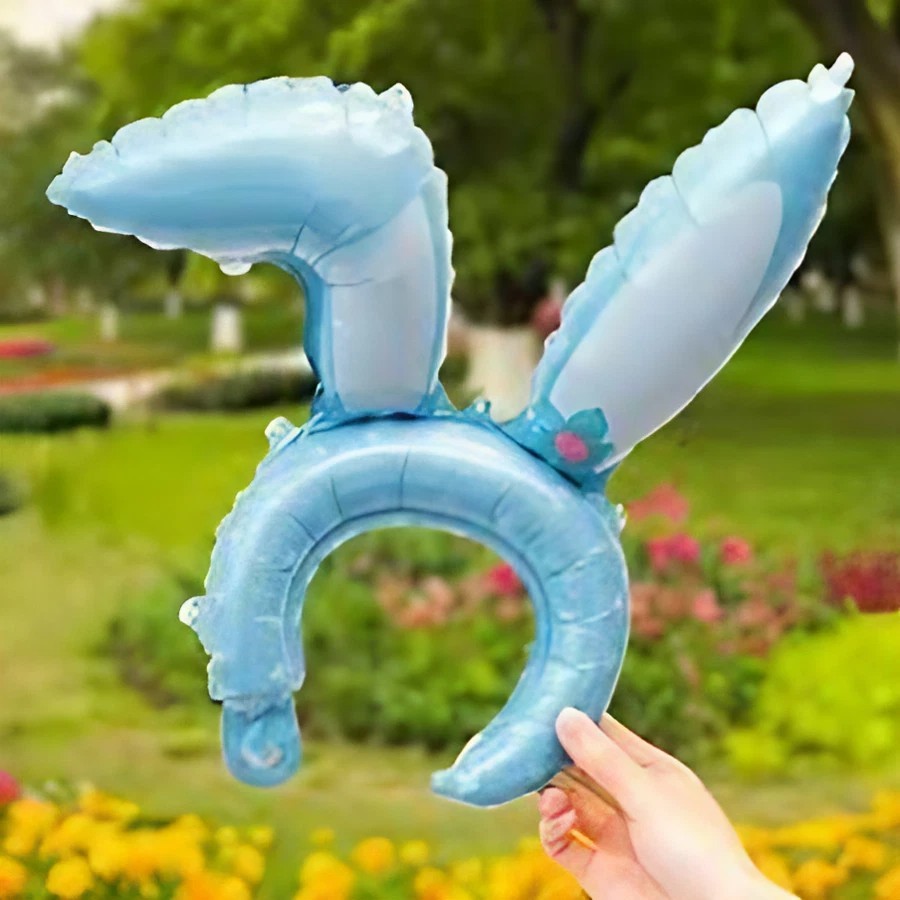 Balon din Folie Metalizata, Tip Coronita cu Urechi, Model Iepure, Ambalaj Individual, Pai Inclus, Umflare cu Aer sau Heliu, 38 x 45 cm, Albastru [2]