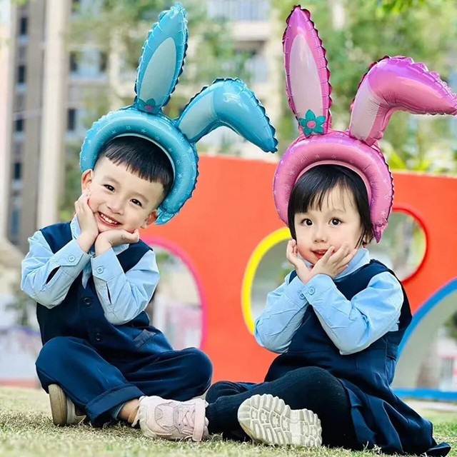 Balon din Folie Metalizata, Tip Coronita cu Urechi, Model Iepure, Ambalaj Individual, Pai Inclus, Umflare cu Aer sau Heliu, 38 x 45 cm, Albastru [1]