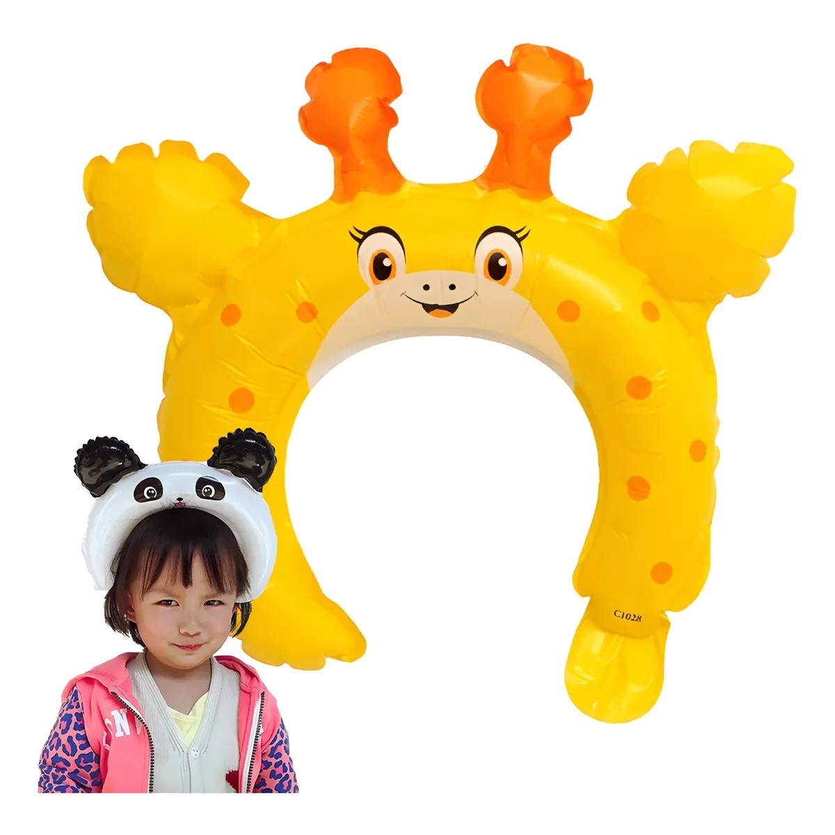 Balon din Folie Metalizata, Tip Coronita cu Urechi, Model Girafa, Ambalaj Individual, Pai Inclus, Umflare cu Aer sau Heliu, 28 x 31 cm, Galben [1]