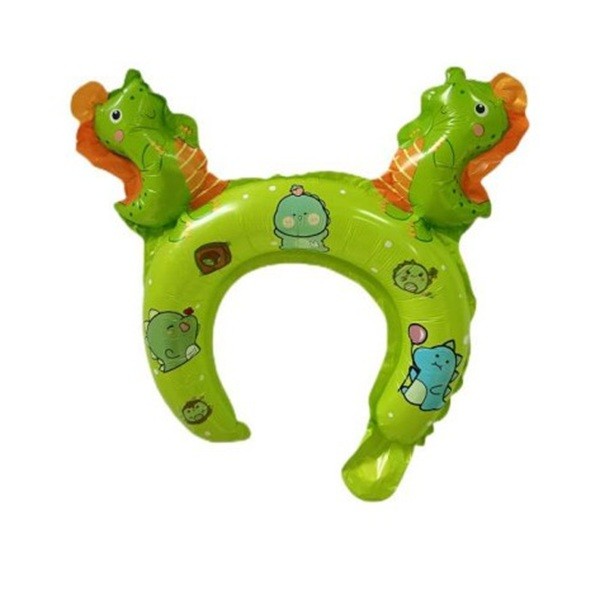 Baloane Coronita - Balon din Folie Metalizata, Tip Coronita cu Urechi, Model Dinozauri, Ambalaj Individual, Pai Inclus, Umflare cu Aer sau Heliu, 29 x 26.5 cm, Verde