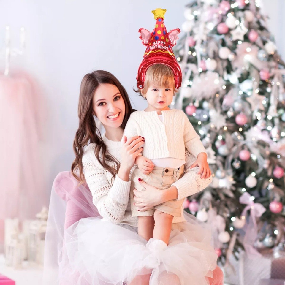 Balon din Folie Metalizata, Tip Coronita, Model Palarie de Petrecere, Ambalaj Individual, Pai Inclus, Umflare cu Aer sau Heliu, 31 x 50 cm, Rosu [2]