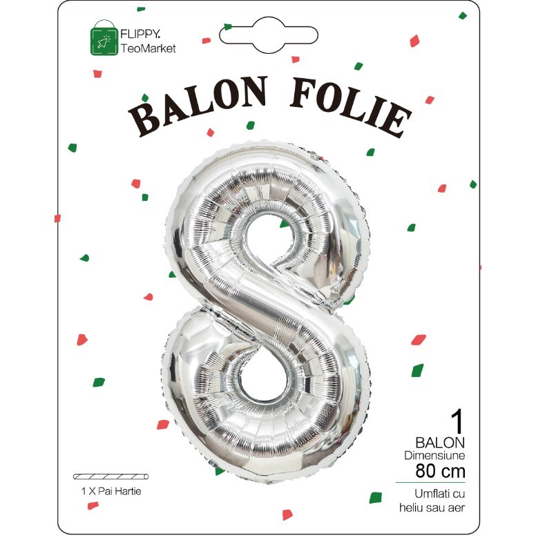 Balon din Folie Metalizata, Figurina Cifra, Tema Aniversare 80 cm, Ambalaj Individual, Pai inclus, Umflare cu Aer sau Heliu, Argintiu, Cifra 8 [1]