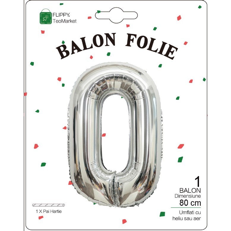 Balon din Folie Metalizata, Figurina Cifra, Tema Aniversare 80 cm, Ambalaj Individual, Pai inclus, Umflare cu Aer sau Heliu, Argintiu, Cifra 0 [1]