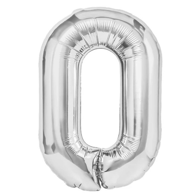 Cifre - Balon din Folie Metalizata, Figurina Cifra, Tema Aniversare 80 cm, Ambalaj Individual, Pai inclus, Umflare cu Aer sau Heliu, Argintiu, Cifra 0