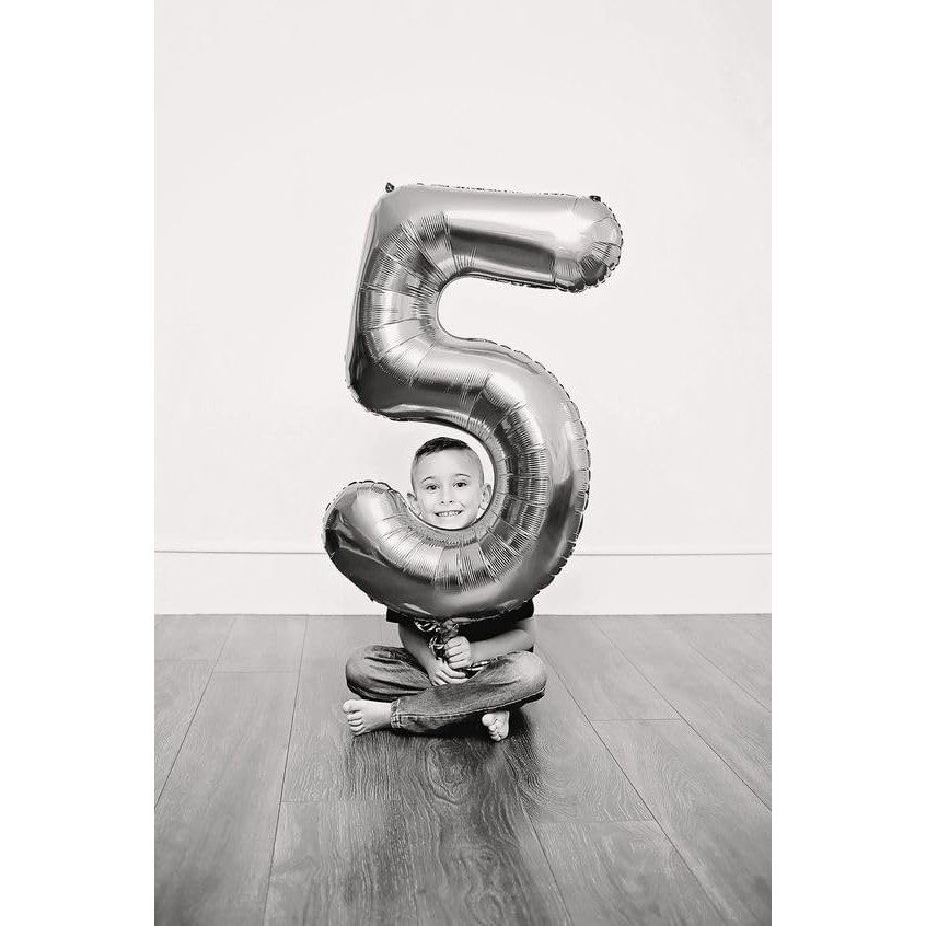 Balon din Folie Metalizata, Figurina Cifra, Tema Aniversare 80 cm, Ambalaj Individual, Pai inclus, Umflare cu Aer sau Heliu, Argintiu, Cifra 5 [7]