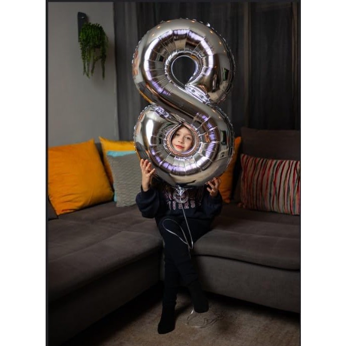 Balon din Folie Metalizata, Figurina Cifra, Tema Aniversare 80 cm, Ambalaj Individual, Pai inclus, Umflare cu Aer sau Heliu, Argintiu, Cifra 8 [6]