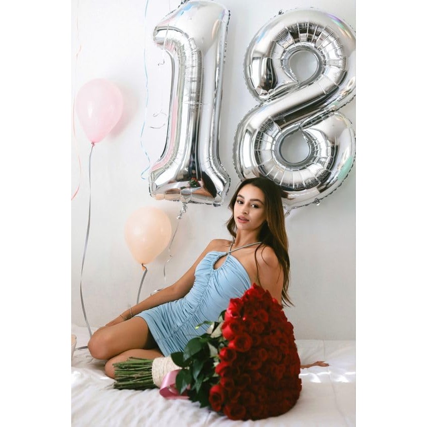 Balon din Folie Metalizata, Figurina Cifra, Tema Aniversare 80 cm, Ambalaj Individual, Pai inclus, Umflare cu Aer sau Heliu, Argintiu, Cifra 8 [4]