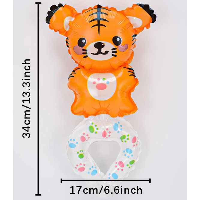 Balon din Folie Metalizata, Figurine Animalute, Tip Bratara, Model Tigru, 17x34 cm, Ambalaj Individual, Pai Inclus, Umflare cu Aer sau Heliu, Maro [5]