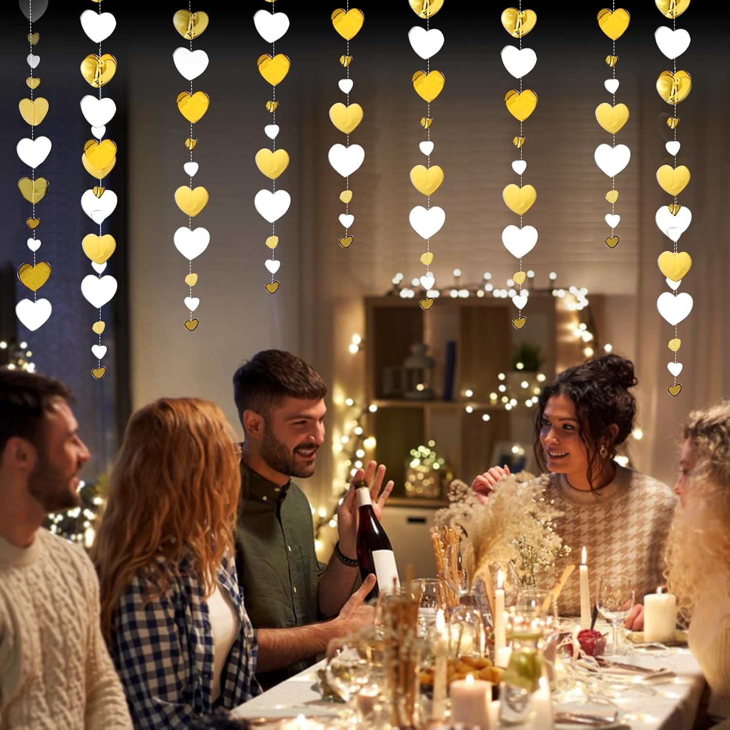 Banner cu Inimioare, Tip Franjuri, 4 m, Rola de Ata Inclusa, Auriu/Alb [1]