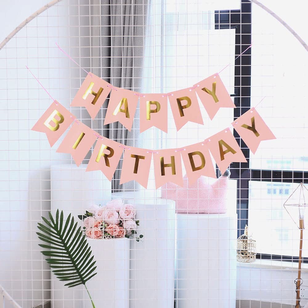 Banner Happy Birthday 100x200 cm, Dimensiune Stegulet 11.5x16.5 cm, Rola de Ata Inclusa, Roz [4]