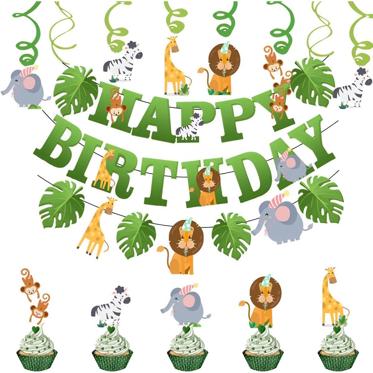 Banner Happy Birthday 100x200 cm, Rola de Ata Inclusa, Tematica Jungle, Verde [5]