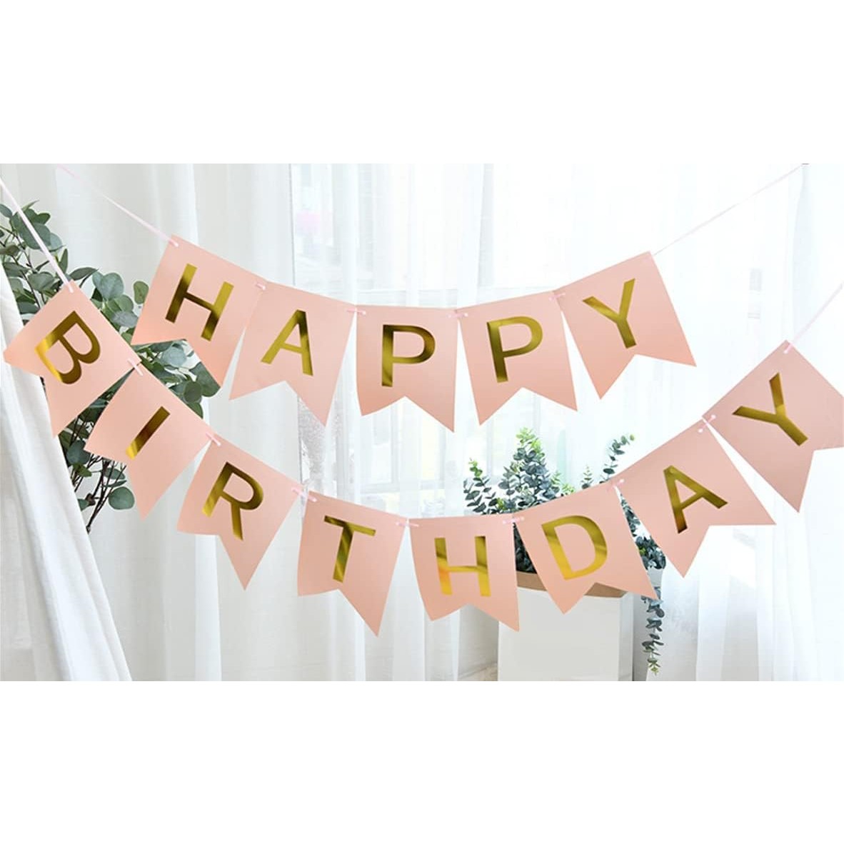 Banner Happy Birthday 100x200 cm, Dimensiune Stegulet 11.5x16.5 cm, Rola de Ata Inclusa, Roz [5]