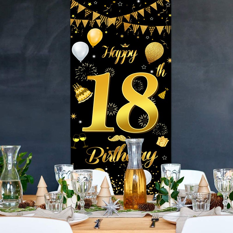 Banner pentru Petrecere, Model Happy Birthday, Tematica Majorat, Aniversare 18 Ani, 185x90 cm, Negru [4]