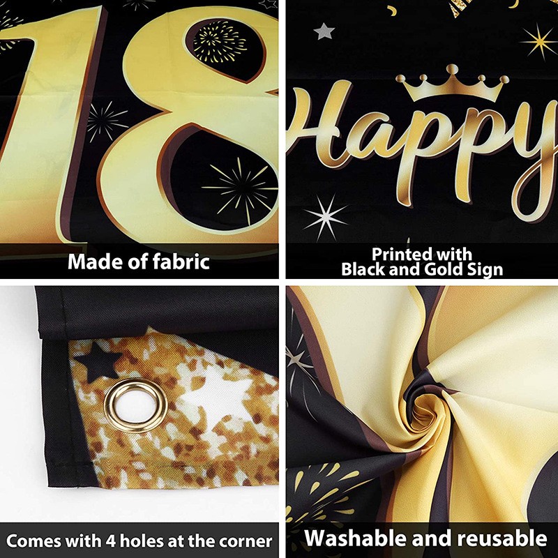 Banner pentru Petrecere, Model Happy Birthday, Tematica Majorat, Aniversare 18 Ani, 185x90 cm, Negru [2]