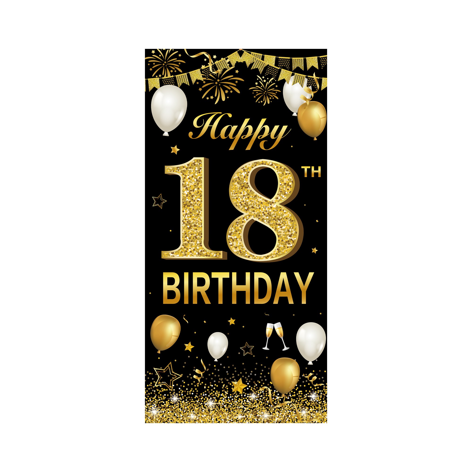 Accesorii Petrecere - Banner pentru Petrecere, Model Happy Birthday, Tematica Majorat, Aniversare 18 Ani, 185x90 cm, Negru