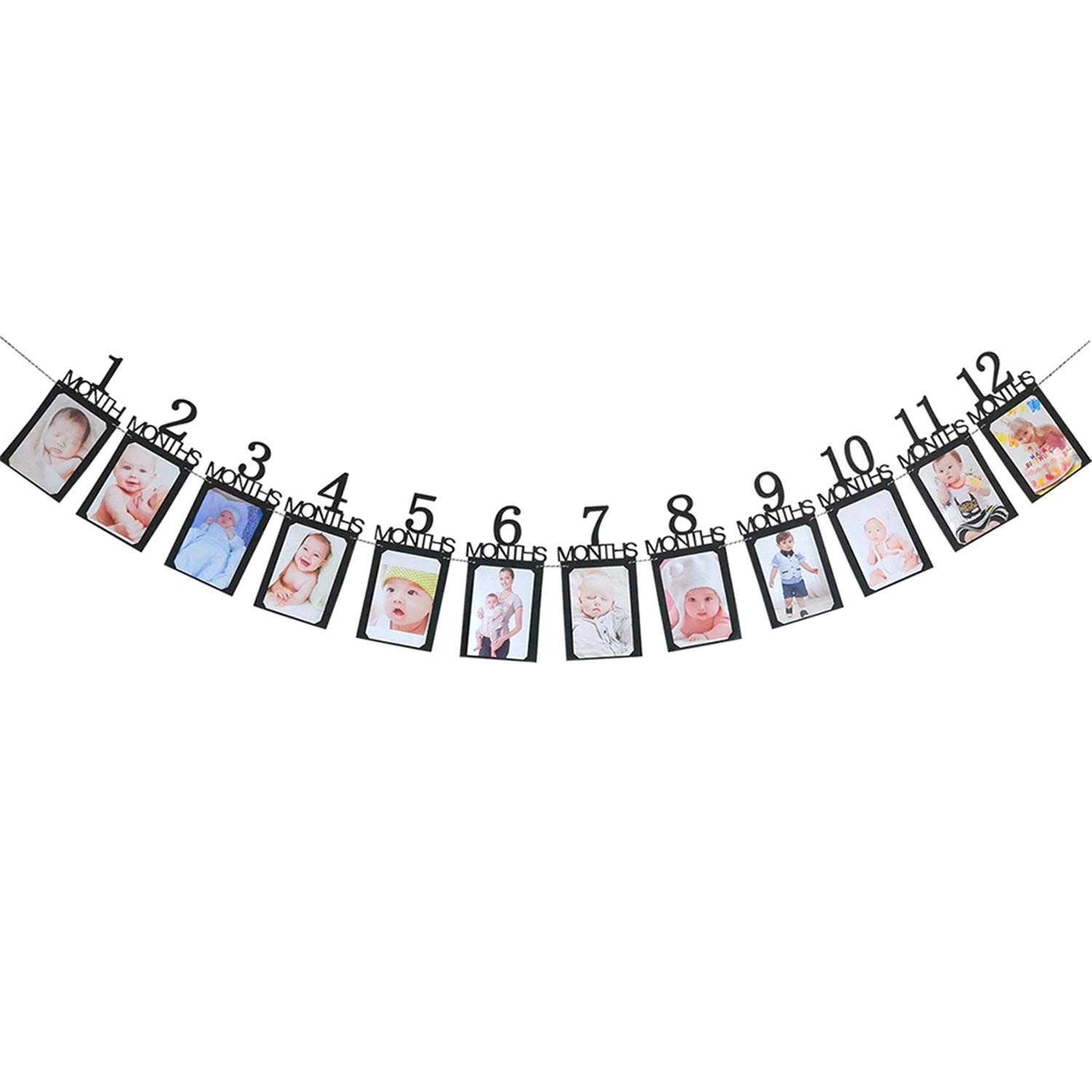 Accesorii Petrecere - Banner pentru Poze, 15.2x10.2 cm, Tema Prima Aniversare, Model Primele 12 Luni, Rola Ata Inclusa, Negru