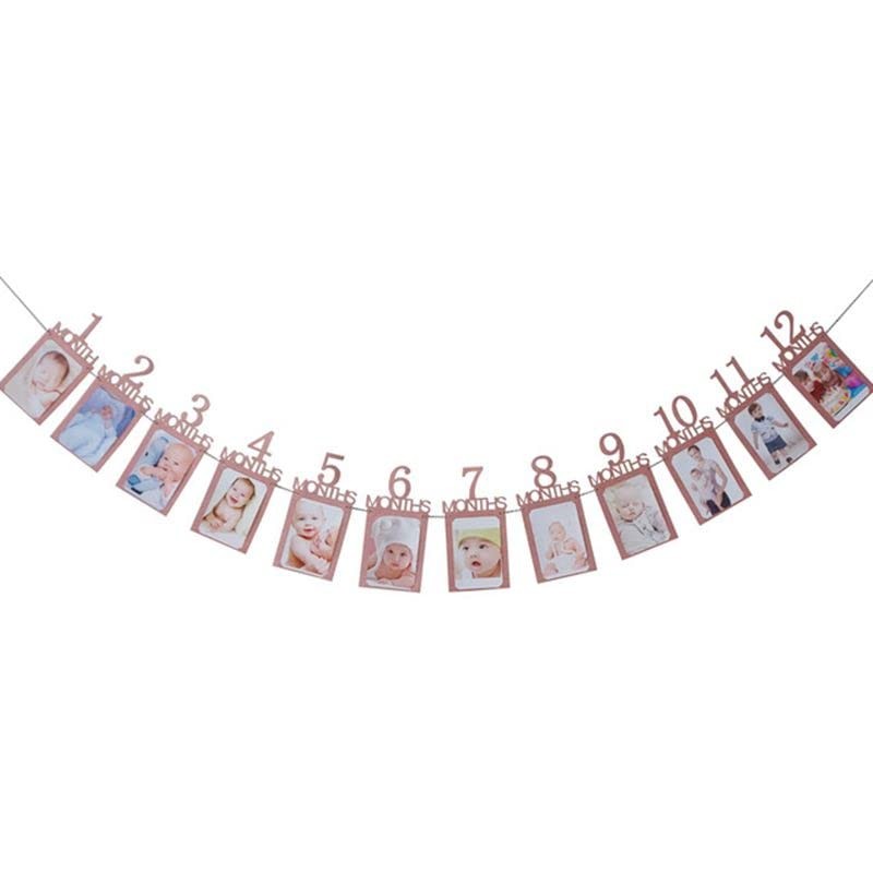 Banner pentru Poze, 15.2x10.2 cm, Tema Prima Aniversare, Model Primele 12 Luni, Rola Ata Inclusa, Roz [5]
