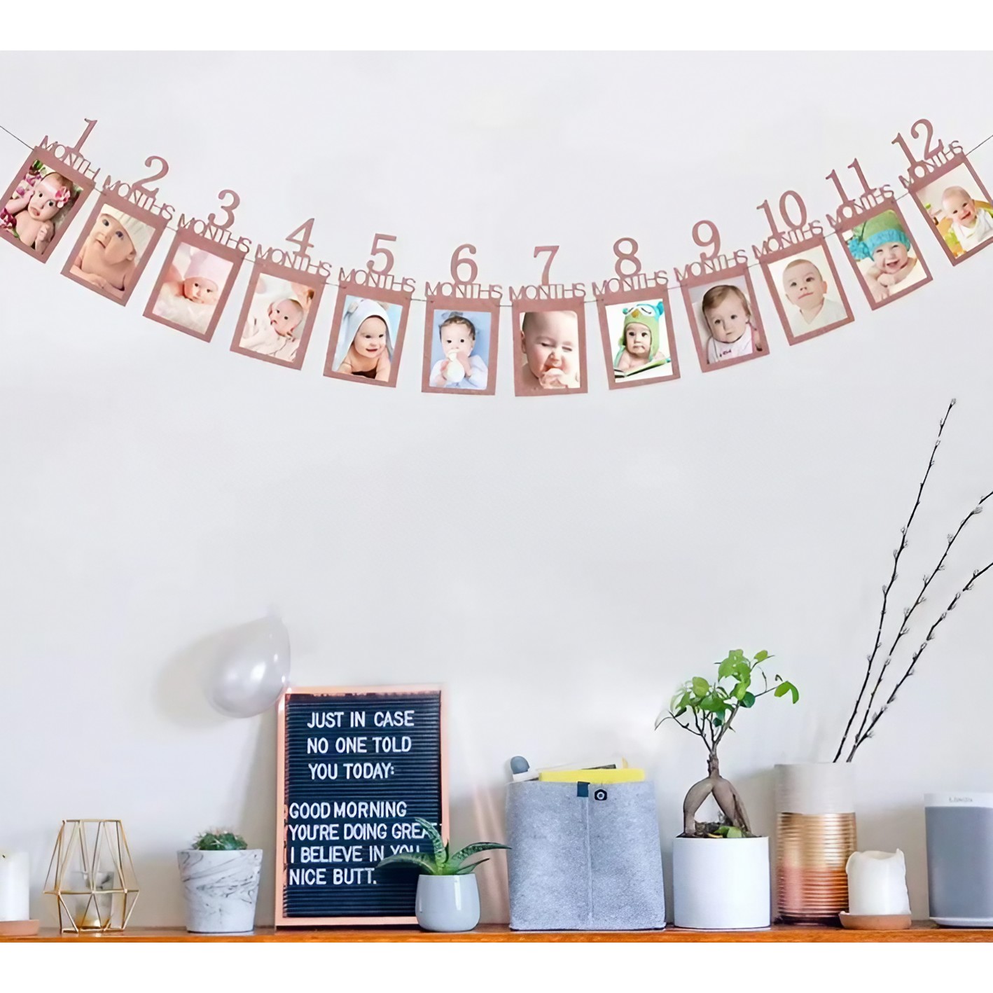 Banner pentru Poze, 15.2x10.2 cm, Tema Prima Aniversare, Model Primele 12 Luni, Rola Ata Inclusa, Roz [1]