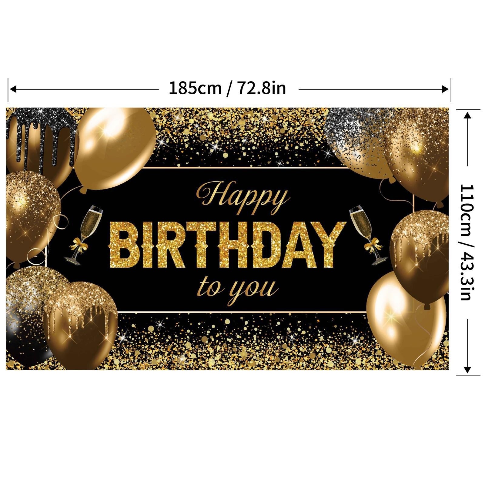 Banner Tip Fundal pentru Poze, din Panza, 185 x 110 cm, Sfoara 6 m, Prindere in 4 Colturi, Happy Birthday to You, Negru/Auriu [4]