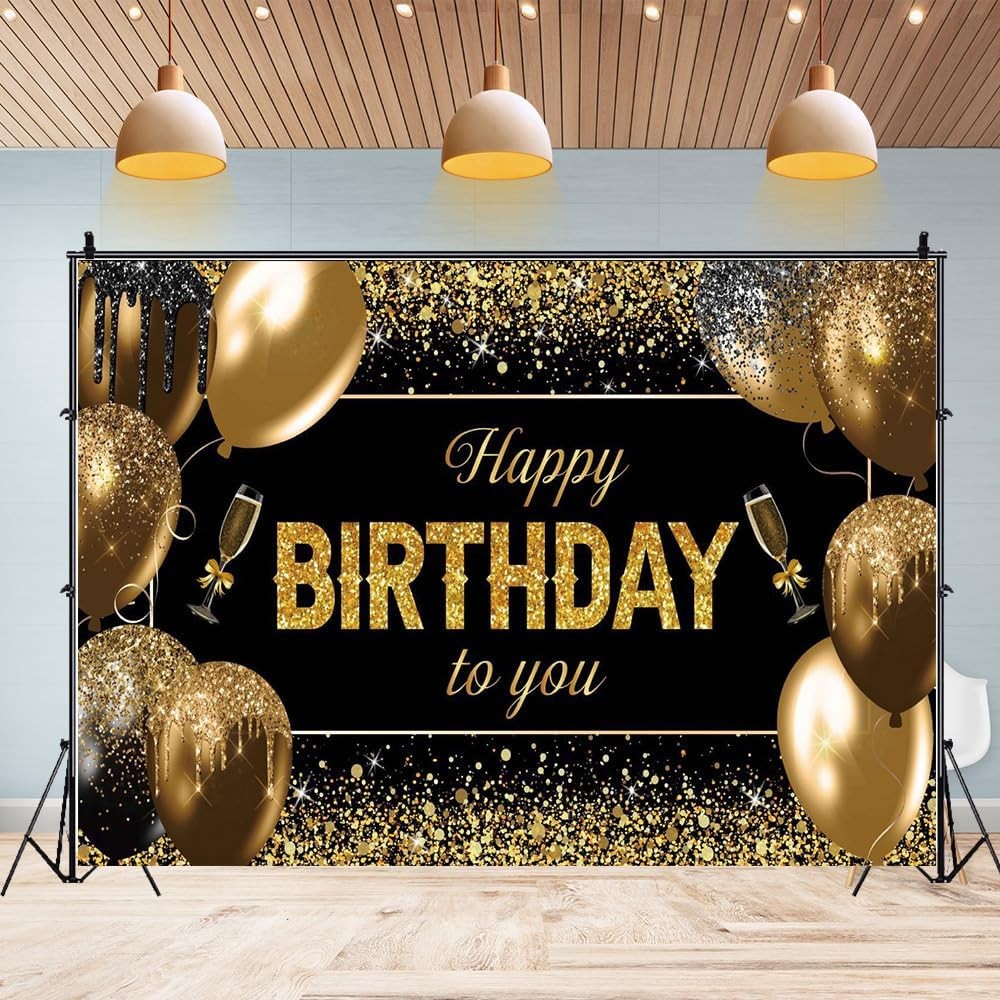 Banner Tip Fundal pentru Poze, din Panza, 185 x 110 cm, Sfoara 6 m, Prindere in 4 Colturi, Happy Birthday to You, Negru/Auriu [2]
