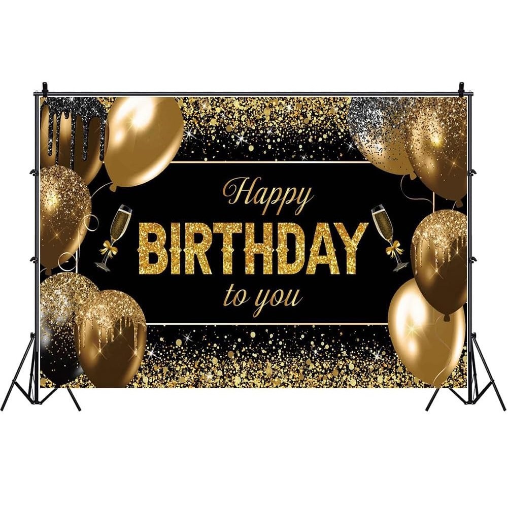 Accesorii Petrecere - Banner Tip Fundal pentru Poze, din Panza, 185 x 110 cm, Sfoara 6 m, Prindere in 4 Colturi, Happy Birthday to You, Negru/Auriu