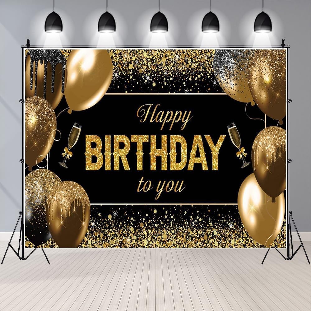 Banner Tip Fundal pentru Poze, din Panza, 185 x 110 cm, Sfoara 6 m, Prindere in 4 Colturi, Happy Birthday to You, Negru/Auriu [1]