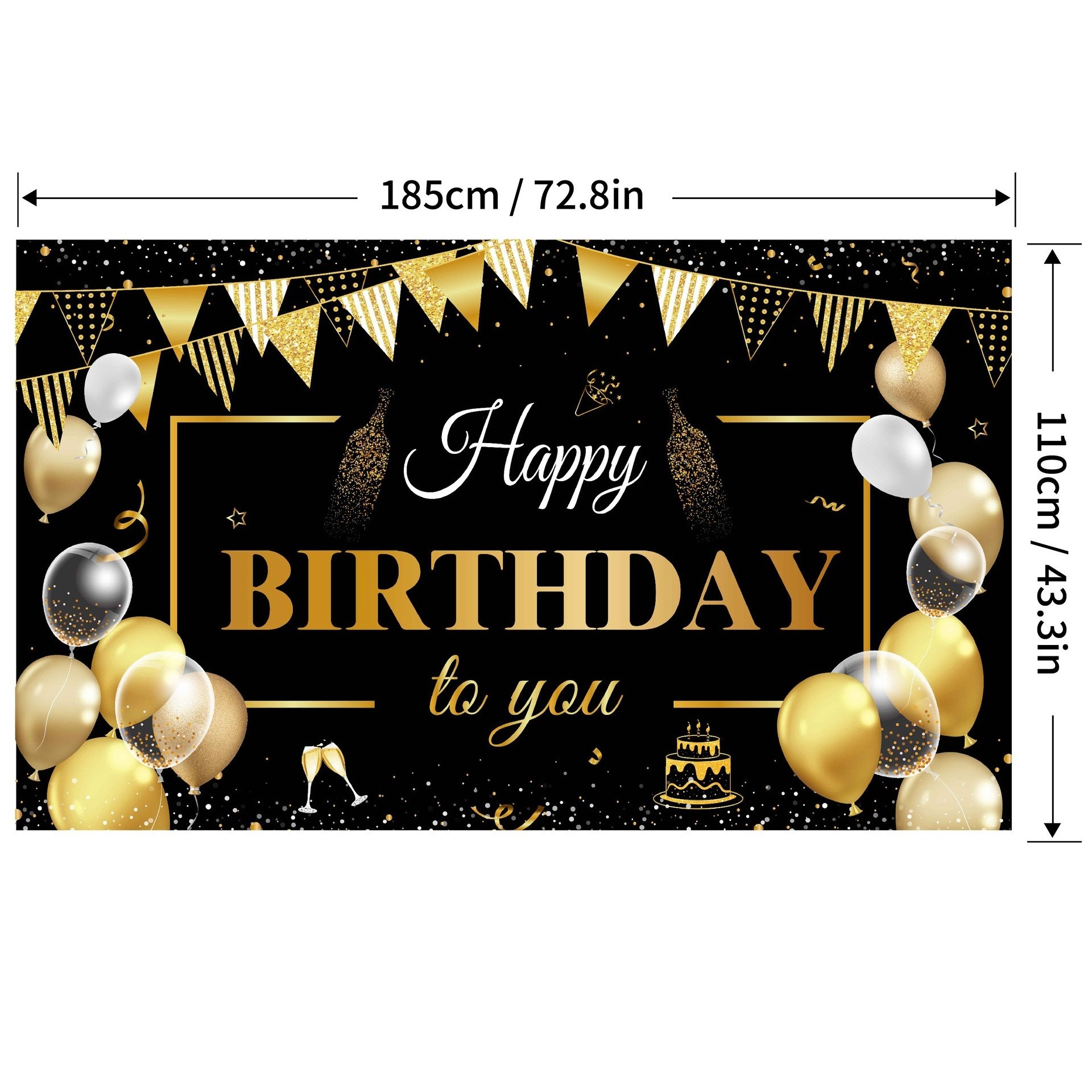 Banner Tip Fundal pentru Poze, din Panza, Model Happy Birthday to You, 185 x 110 cm, Sfoara 6 m, Prindere in 4 Colturi, Negru/Auriu [3]