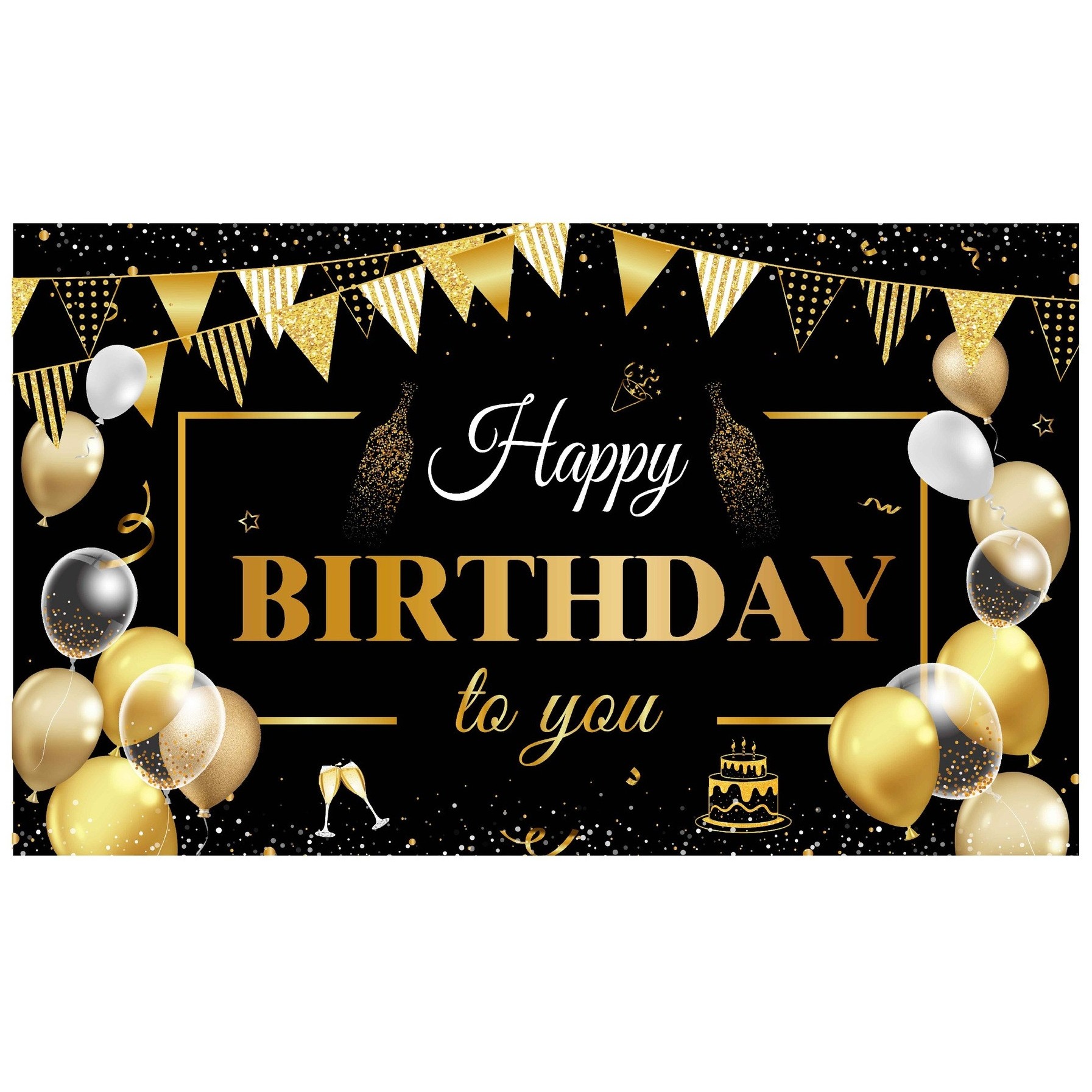 Accesorii Petrecere - Banner Tip Fundal pentru Poze, din Panza, Model Happy Birthday to You, 185 x 110 cm, Sfoara 6 m, Prindere in 4 Colturi, Negru/Auriu