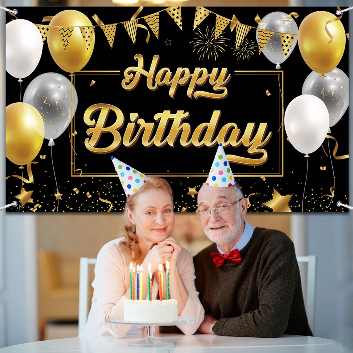 Banner Tip Fundal pentru Poze, din Panza, Model Happy Birthday to You, 185 x 110 cm, Sfoara 6 m, Prindere in 4 Colturi, Negru/Auriu [4]