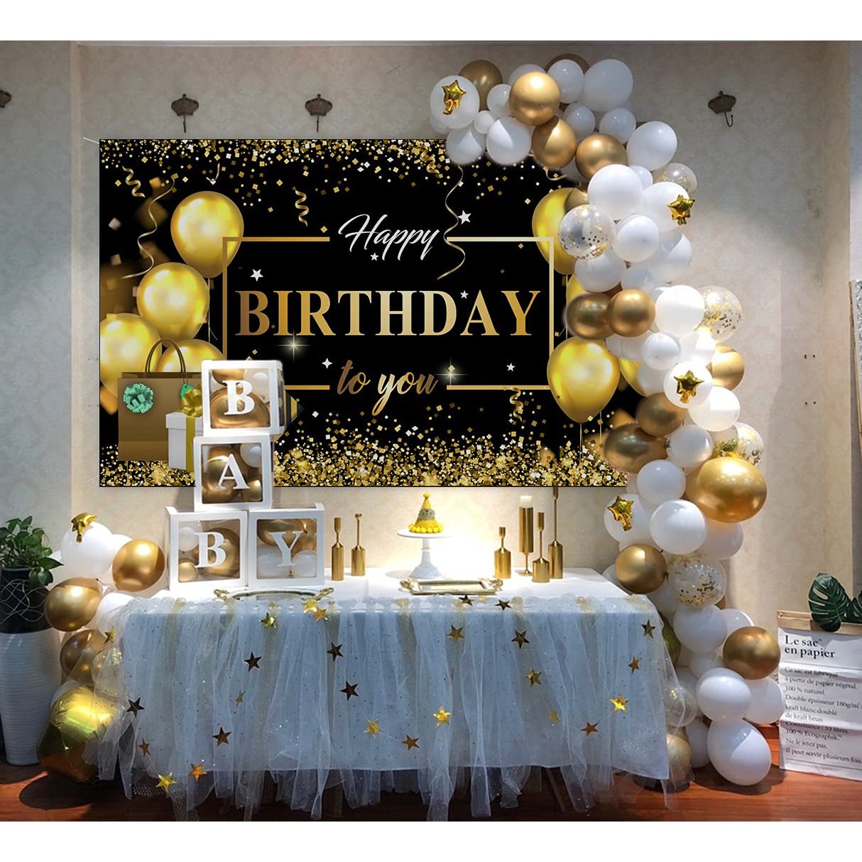 Banner Tip Fundal pentru Poze, din Panza, Model Happy Birthday to You, 185 x 110 cm, Sfoara 6 m, Prindere in 4 Colturi, Negru/Auriu [2]