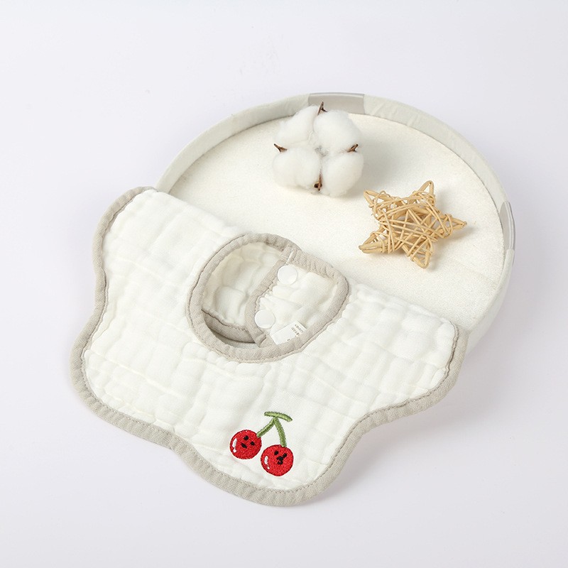 Baveta Tip Floare, din Bumbac, pentru Copii 0-12 Luni, Rezistenta la apa, 8 Straturi, Model Tricotat cu Cirese, 26 x 29 cm, Alb [1]