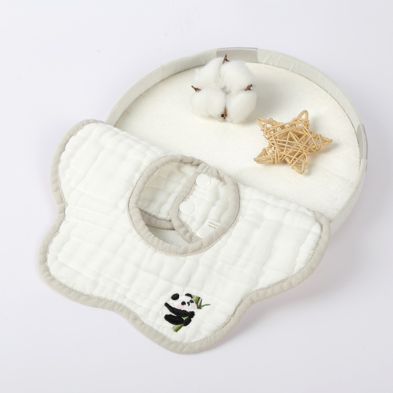 Baveta Tip Floare, din Bumbac, pentru Copii 0-12 Luni, Rezistenta la apa, 8 Straturi, Model Tricotat cu Panda, 26 x 29 cm, Alb [3]