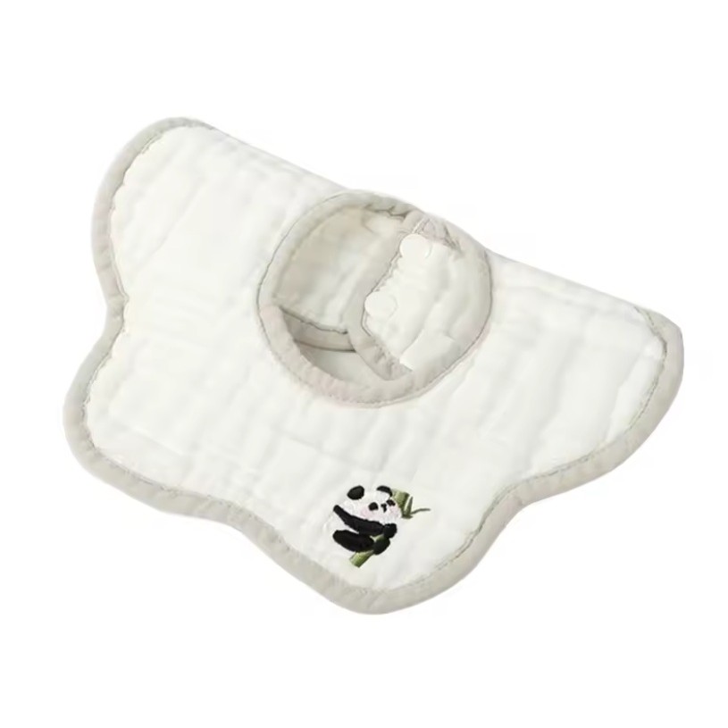 Articole Diverse copii - Baveta Tip Floare, din Bumbac, pentru Copii 0-12 Luni, Rezistenta la apa, 8 Straturi, Model Tricotat cu Panda, 26 x 29 cm, Alb