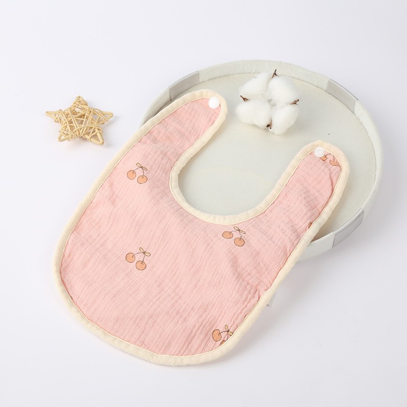 Baveta in Forma de U, din Bumbac, pentru Copii 0-12 Luni, Rezistenta la Apa, cu Capse, Model cu Cirese, 21x30 cm, Roz [2]