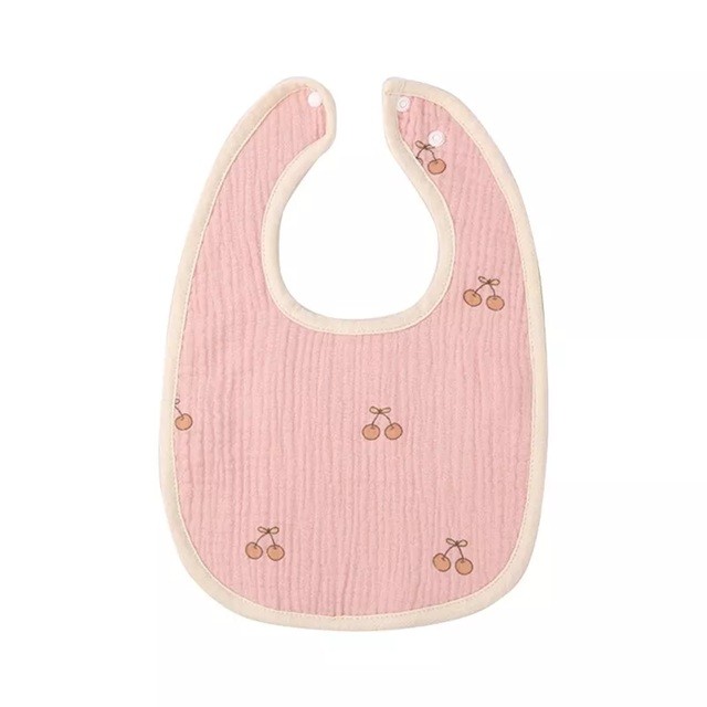 Articole Diverse copii - Baveta in Forma de U, din Bumbac, pentru Copii 0-12 Luni, Rezistenta la Apa, cu Capse, Model cu Cirese, 21x30 cm, Roz