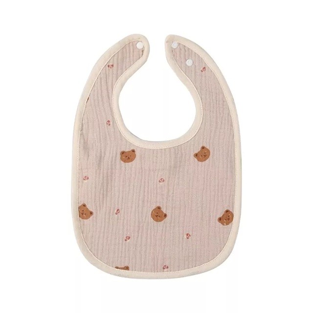 Articole Diverse copii - Baveta in Forma de U, din Bumbac, pentru Copii 0-12 Luni, Rezistenta la Apa, cu Capse, Model cu Ursuleti, 21x30 cm, Bej