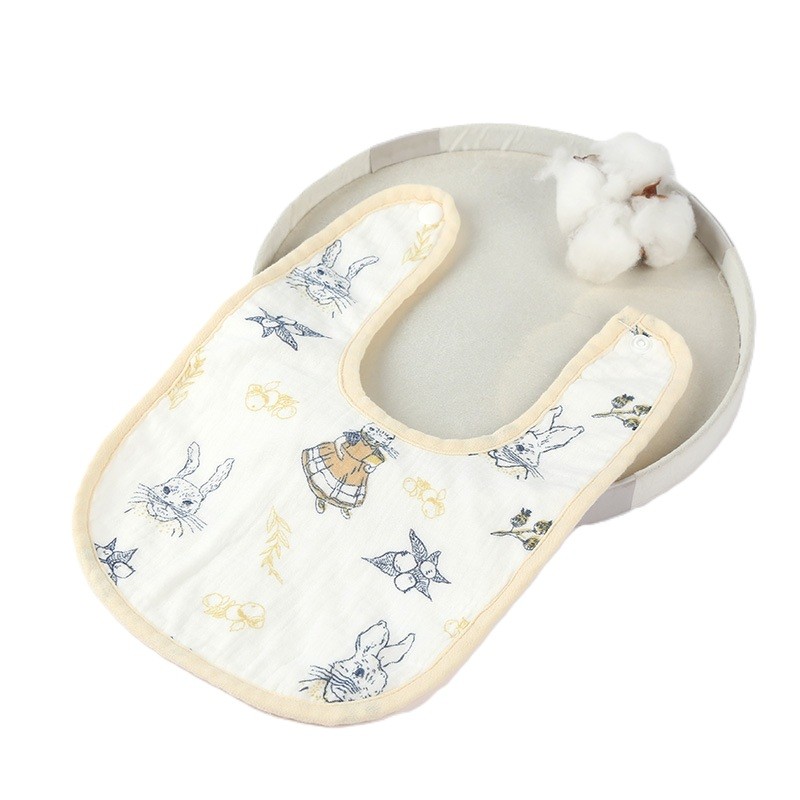 Articole Diverse copii - Baveta in Forma de U, din Bumbac, pentru Copii 0-12 Luni, Rezistenta la Apa, cu Capse, Model cu Iepurasi, 21x30 cm, Bej