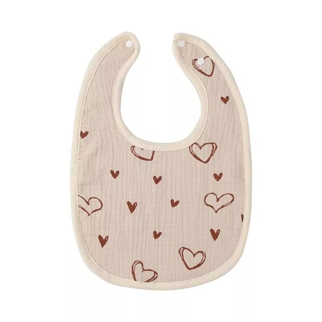 Articole Diverse copii - Baveta in Forma de U, din Bumbac, pentru Copii 0-12 Luni, Rezistenta la Apa, cu Capse, Model cu Inimoare, 21x30 cm, Bej