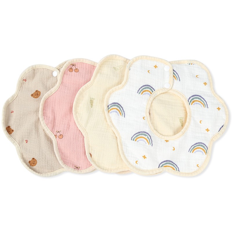 Baveta Tip Floare, din Bumbac, pentru Copii 0-12 Luni, Rezistenta la apa, cu Capse, Model cu Ursuleti, 26 x 29 cm, Crem [3]