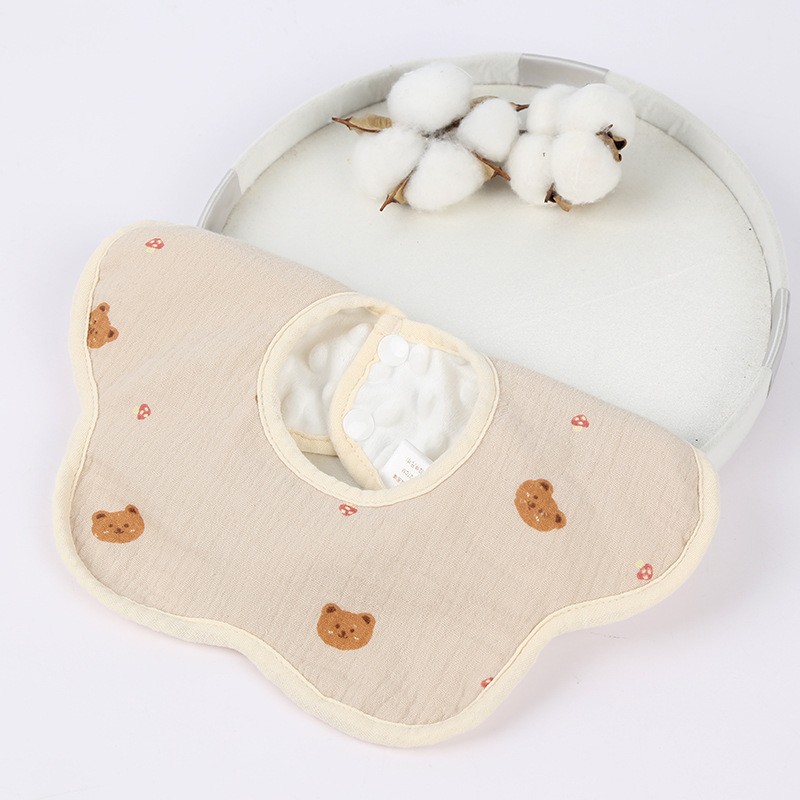 Baveta Tip Floare, din Bumbac, pentru Copii 0-12 Luni, Rezistenta la apa, cu Capse, Model cu Ursuleti, 26 x 29 cm, Crem [1]