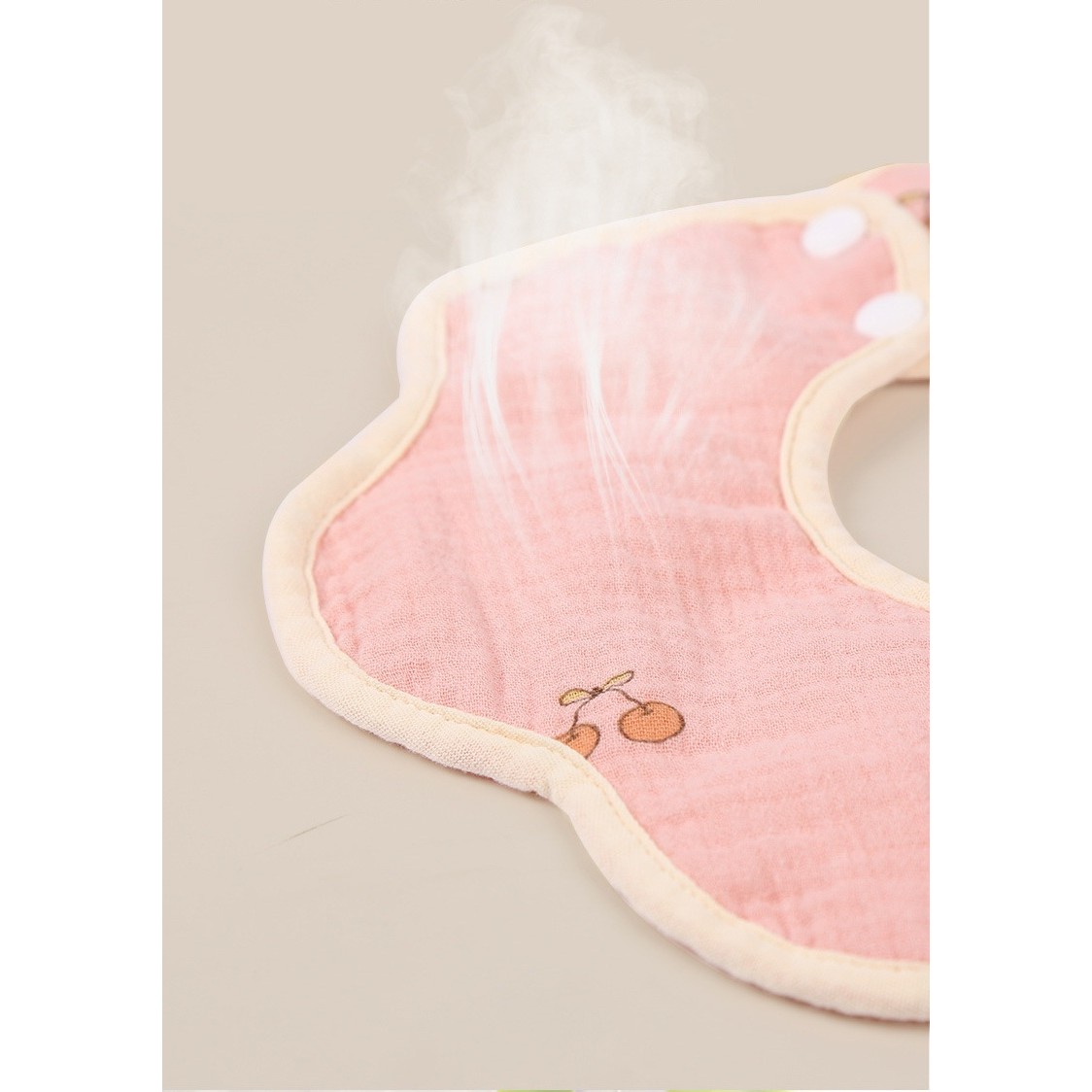 Baveta Tip Floare, din Bumbac, pentru Copii 0-12 Luni, Rezistenta la apa, cu Capse, Model cu Cirese, 26 x 29 cm, Roz [1]