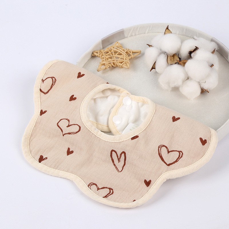 Baveta Tip Floare, din Bumbac, pentru Copii 0-12 Luni, Rezistenta la apa, cu Capse, Model cu Inimioare, 26 x 29 cm, Crem [3]