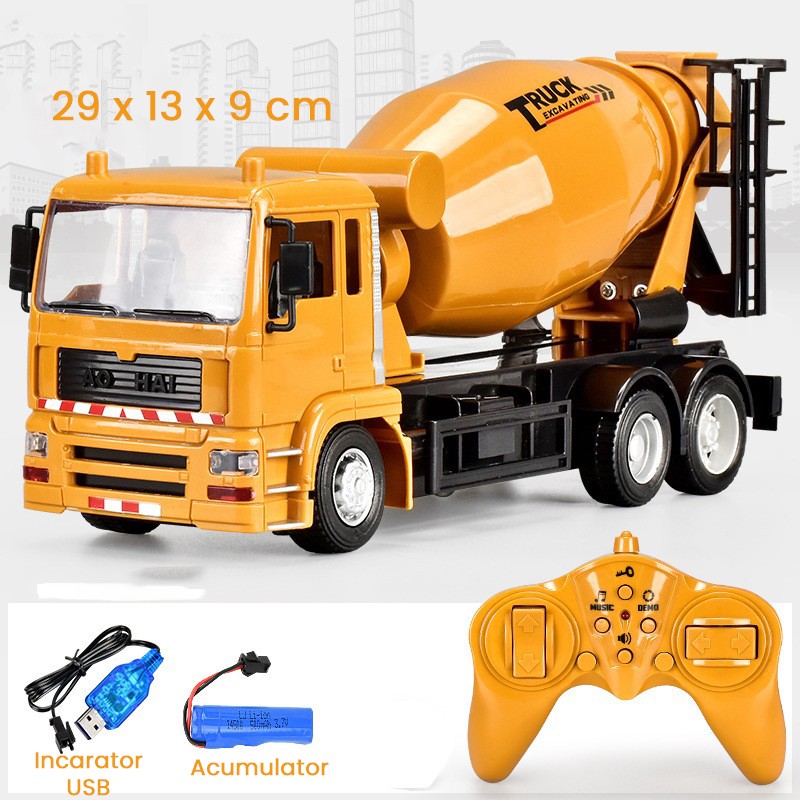 Camion Betoniera Jucarie pentru Copii, Jucarie Camion Betoniera cu Telecomanda, Jucarie de Constructie, Acumulator cu Incarcare USB, 29 x 13 x 9 cm, Galben [1]